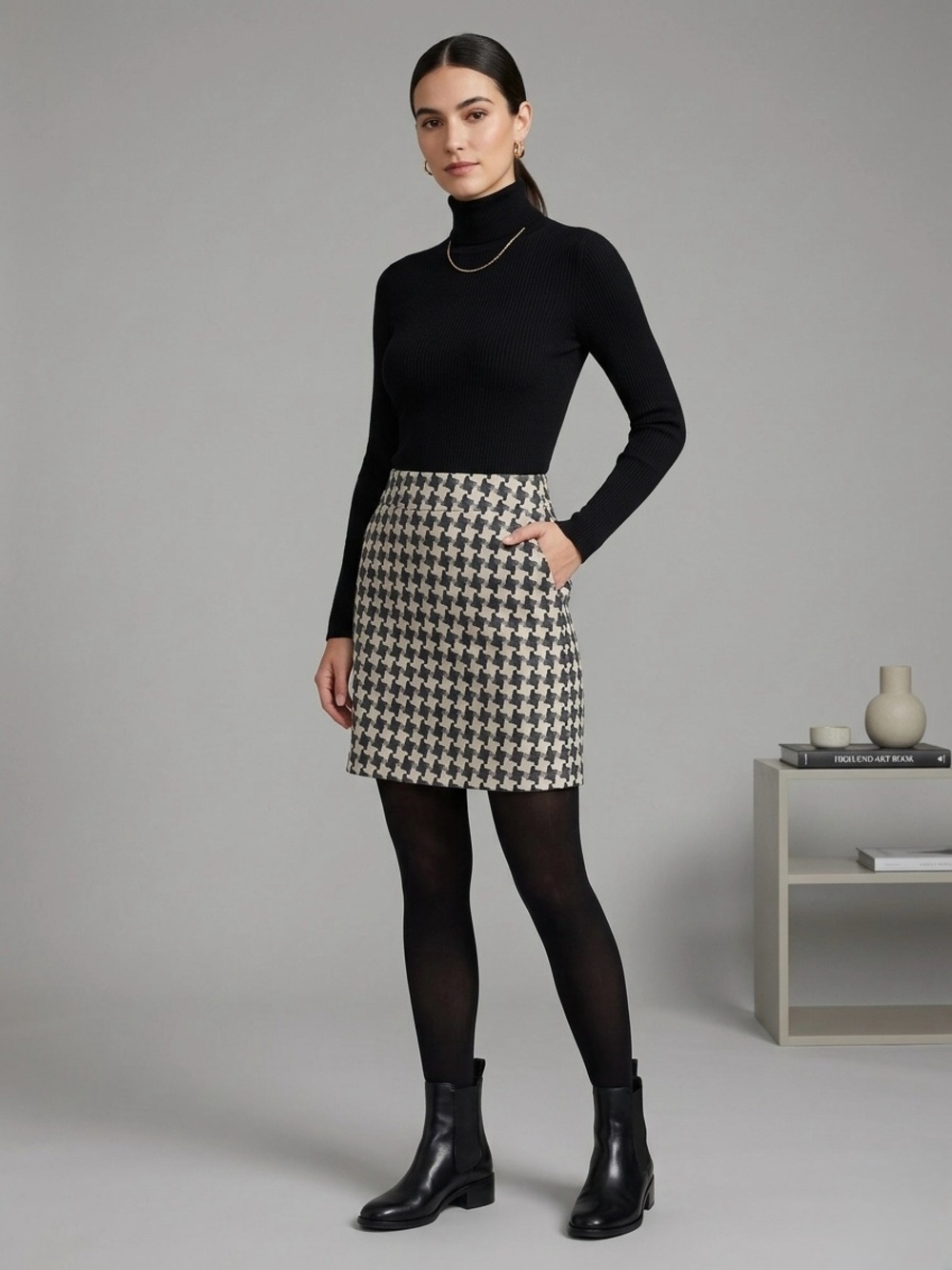 Houndstooth Mini Skirt - Black & Cream